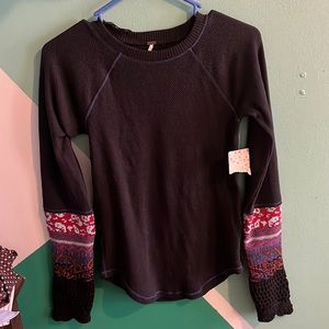NWT Free People  In The Mix Cuff Thermal Crochet Cuf Top Black Combo - Size S